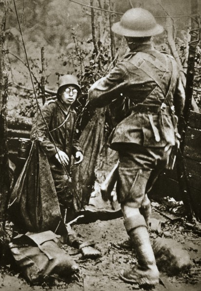 British 'mopping-up' squad surprises a German straggler, World War I, Aisne, France, 1918. Artist: Unknown