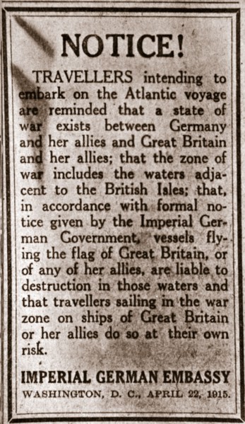 Notice to passengers planning to make transatlantic journeys, 1915. Artist: Unknown