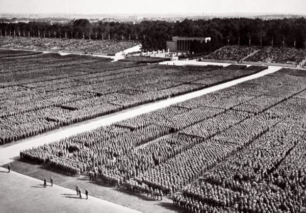Stormtroopers lined up on parade during a Nazi Party Congress in Nuremberg, Germany, 1936. Artist: Unknown