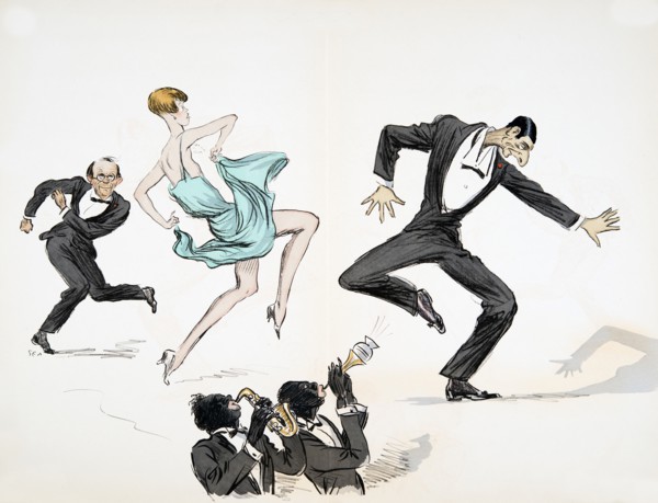 Two men in black tie and woman in bright blue dress dance to jazz, from 'White Bottoms' pub. 1927.