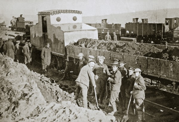 British armoured railway engine, France, World War I, 1916. Artist: Unknown