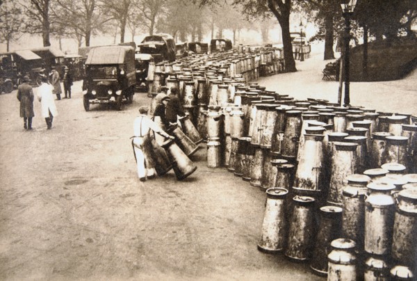 Milk churns being delivered to Hyde Park, London, during the General Strike, 8 May 1926. Artist: Unknown