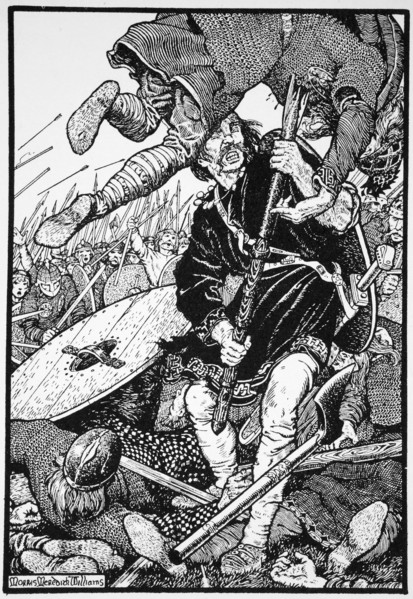 Thorolf slays Earl Hring at Brunanburgh, 1913.  Artist: Morris Meredith Williams
