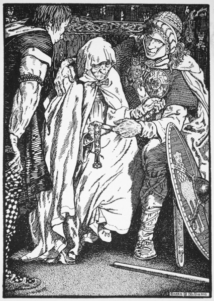 'Olaf took the old woman in his arms', 10th or 11th century (1913). Artist: Morris Meredith Williams
