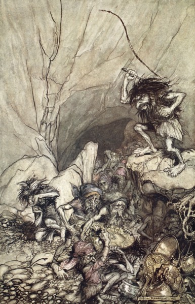 'Alberich drives in a band of Nibelungs with gold and silver treasures', 1910.  Artist: Arthur Rackham