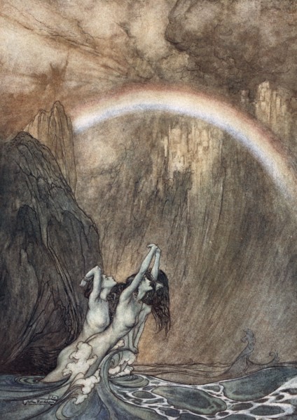 'The Rhine's fair children, Bewailing their lost gold, weep', 1910.  Artist: Arthur Rackham