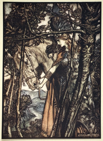 'Brunnhilde slowly and silently leads her horse down the path to the cave', 1910.  Artist: Arthur Rackham