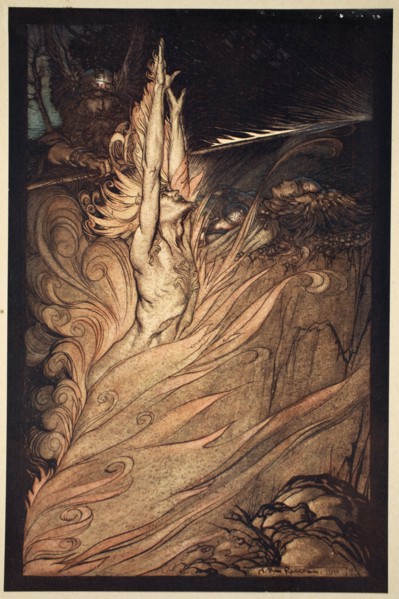 'Appear, flickering fire, Encircle the rock with thy flame! Loge! Loge! Appear!', 1910.  Artist: Arthur Rackham