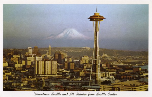 Downtown Seattle and Mount Rainier from the Seattle Center, Washington, USA, 1963. Artist: Unknown