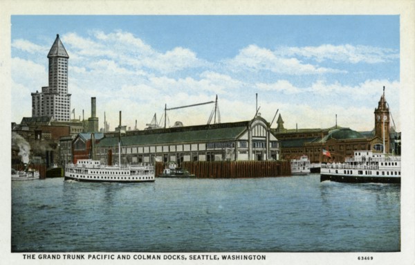 The Grand Trunk Pacific and Colman Docks, Seattle, Washington, USA, 1916. Artist: Unknown