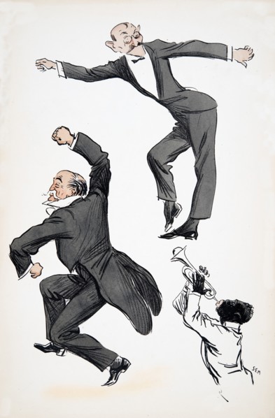 Elderly gentleman in tails and younger gentleman in black tie dance to a musician playing trumpet, f