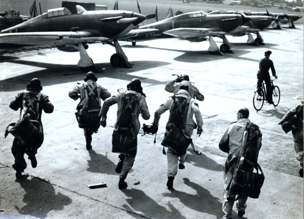 RAF pilots running to their planes, Battle of Britain, World War II, 1940. Artist: Unknown