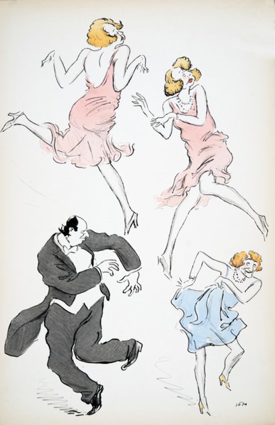 Three illustrations of transvestites in blue and pink dresses dancing with a larger gentleman in whi