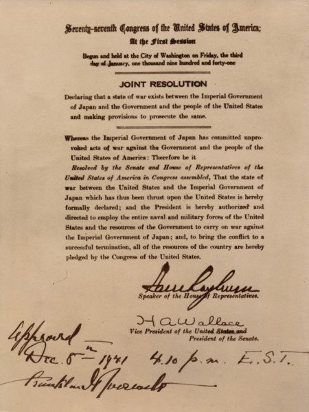 Declaration of war by the United States against Japan, 8 December 1941. Artist: Unknown