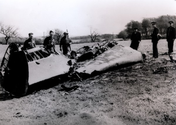 The wreckage of Rudolf Hess's Messerschmidt Bf 110 aircraft, Scotland, World War II, May 1941. Artist: Unknown