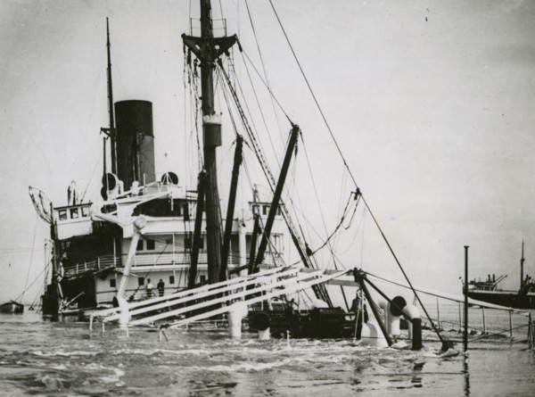 Heavy ship collision in the Elbe, 31st May 1933.  Artist: Unknown.