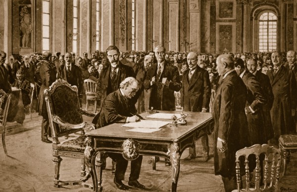 Britain's Prime Minister signing the Treaty of Peace with Germany in the Hall of Mirrors at Versaill