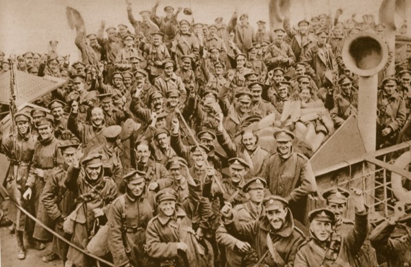 Hailing 'home' with smiles and cheers, c1914-1919.