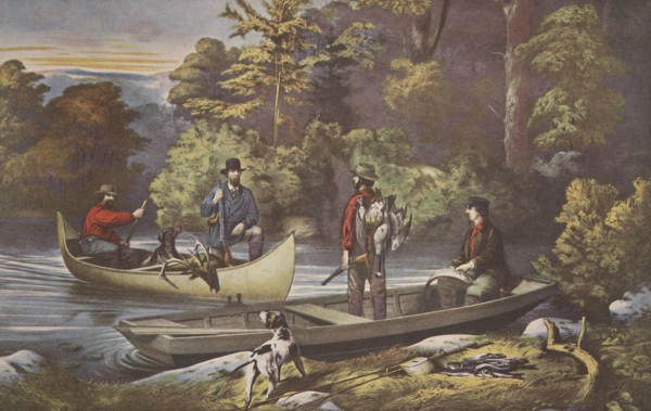 Life In The Woods, 'Returning to Camp' , pub. 1860, Currier & Ives (Colour Lithograph)