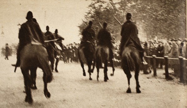 Police on Horseback controling crowds during the Great Strike at Hyde Park Corner, pub. 1926 (photog