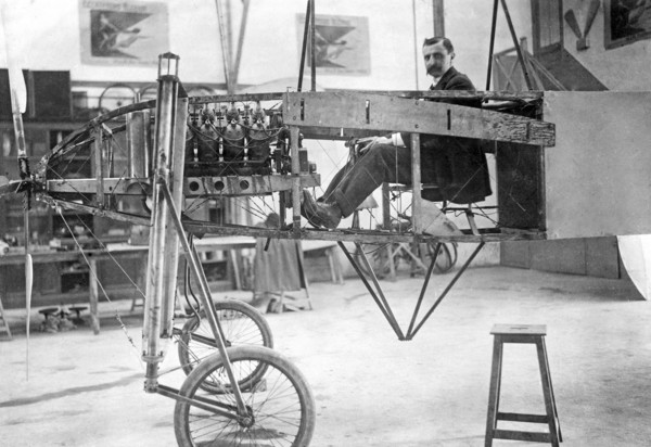 Louis Blériot sitting in his monopolane, c. 1920.