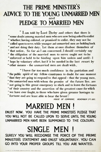 Recruitment Poster The Prime Minister's Advise to the Young Unmarried Men and Pledge to Married Men