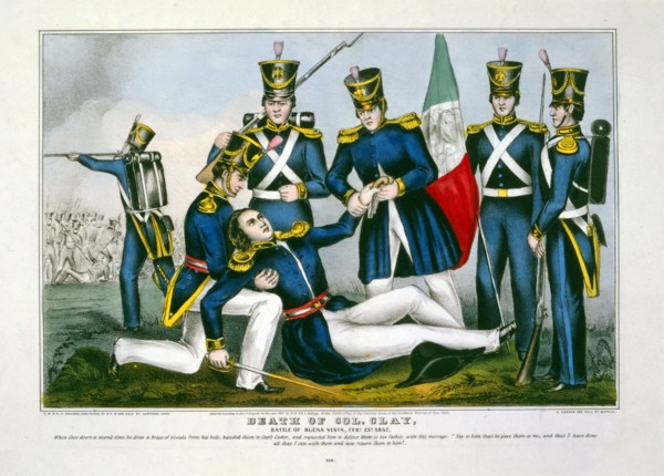 Death of Col. Clay, Battle of Buena Vista, Feby. 23d, 1847, pub. 1847 (hand coloured engraving)
