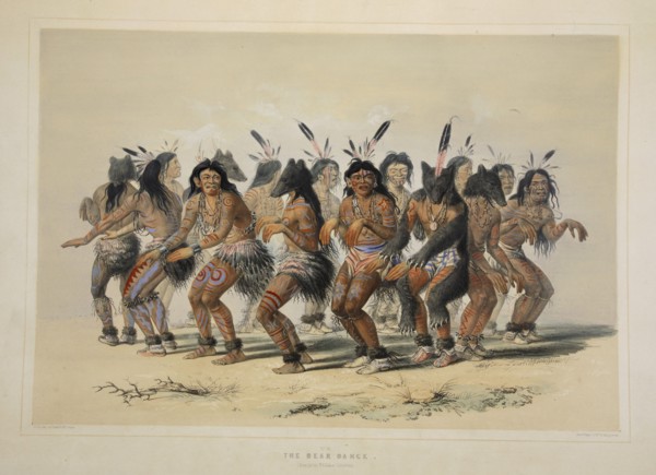 The Bear Dance, pub. 1845 (colour lithograph). Creator: George Catlin (1796 - 1872).