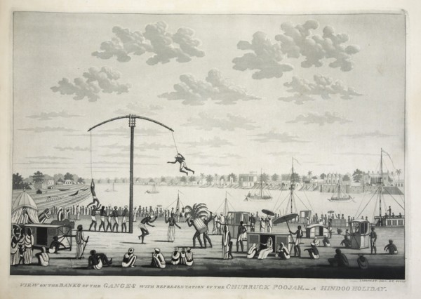 View on the Banks of the Ganges with representation of the Churruck Poojah ?, pub. 1810 (engraving). Creator: James Moffat (1775 - 1815).