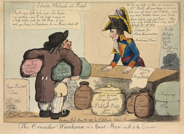 The Consular Warehouse or a Great Man nail'd to the Counter, pub. 1802 (hand coloured engraving). Creator: English School (19th Century).