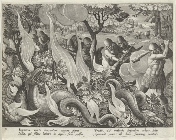 Catching Serpents in India Using Clubs and Torches to Light the Undergrowth, pub. 1640 (engraving). Creator: Straet, Jan van der (Joannes Stradanus) (1523-1605).