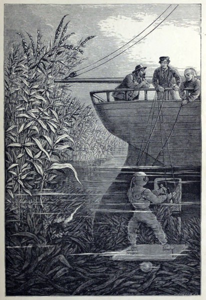 Clearing the Screw, from Under the Waves, or Diving in Deep Waters, pub. 1887. Creator: English School (19th Century).
