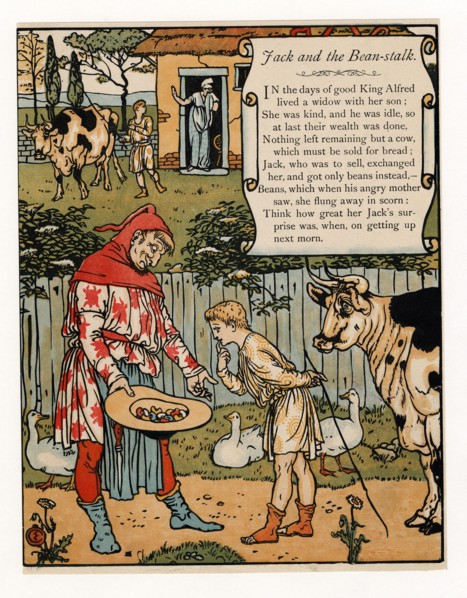 Jack sells his cow for beans, from The Blue Beard Picture Book, pub. 1879 (colour lithograph), 1879. Creator: Walter Crane (1845 - 1915).