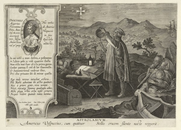 Amerigo Vespucci Discovering the Southern Cross with an Astrolabe, pub. 1600.  Creator: Jan van der Straet (Joannes Stradanus) (1523-1605).