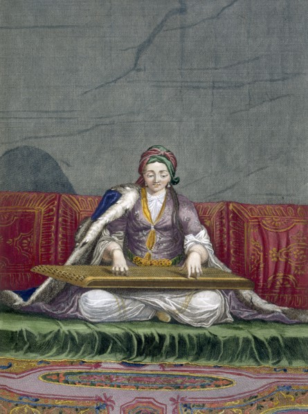 Turkish girl playing a keyboard plucking instrument, pub. 1707-08. Creator: Charles de Ferriol (1652-1722).