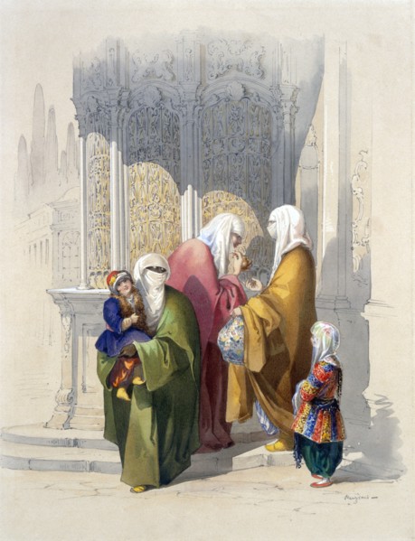 Street scene with passers-by including a poor black African woman and child, pub. 1865. Creator: Amadeo Preziosi (1816-82).