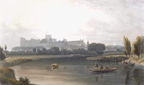 Windsor Castle from the River Thames: a West view, and fishing from punts, c1827-30. Creator: William Daniell (1769-1837).
