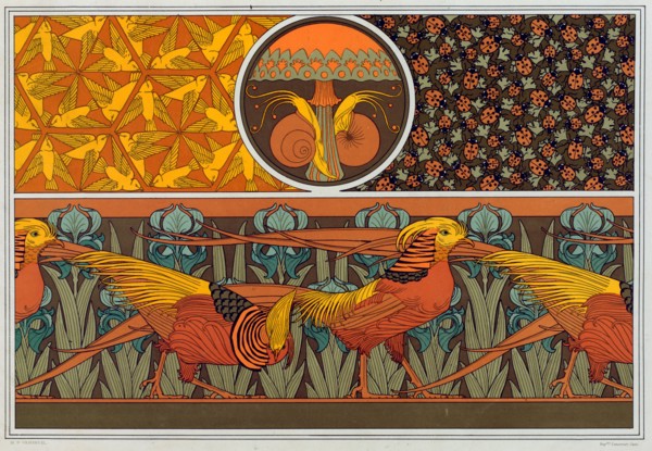 Designs for wallpaper border and fabric: "Birds"; Ladybirds and Maiden Hair Fern", pub. 1897. Creator: Maurice Pillard Verneuil (1869?1942).