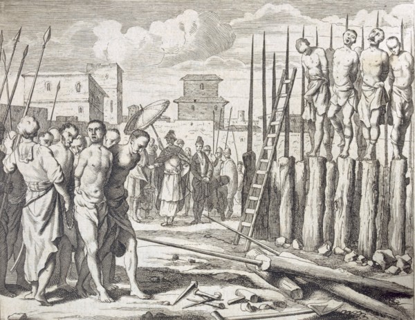 The Impaling of Some rebells?', Punishment: Massacre by impalement, pub. 1672. Creator: Philip Baldaeus (1632-1672).
