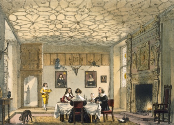 Medieval family supper, Wakehurst Place, Surrey, c1600. Creator: Joseph Nash (1809-78).