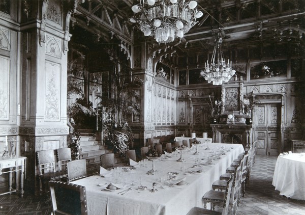 Dining room of the Imperial Palace in Bialowieza Forest, Russia, late 19th century.  Artist: Mechkovsky