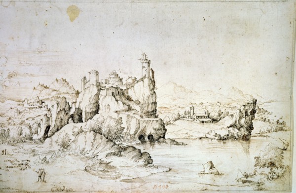 A Castle on a Rock in Mountainscape', 1540.  Artist: Gherardo Cibo