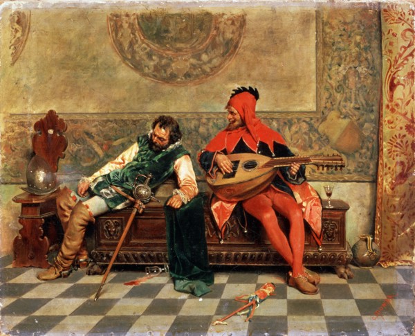 'Drunk Warrior and Court Jester', Italian painting of 19th century.  Artist: Casimiro Tomba