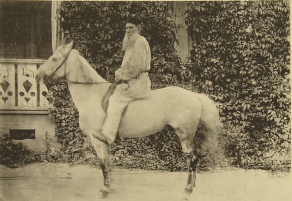 Russian author Leo Tolstoy on horseback, Moscow, Russia, 1890s. Artist: Sophia Tolstaya