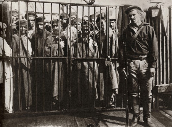 Caged prisoners cage on the steamer 'Petersburg' on the way to Sakhalin, Russia, 1890. Artist: Anton Chekhov