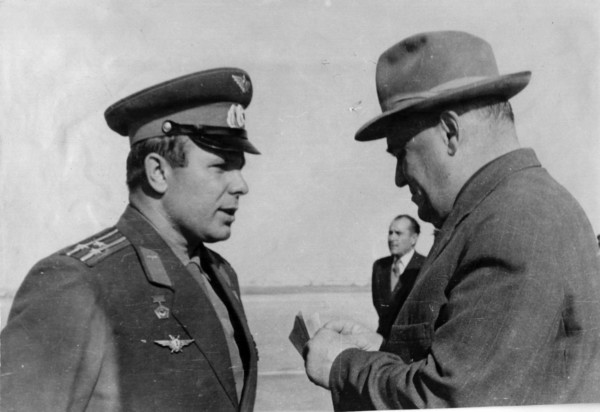 Russian cosmonaut Yuri Gagarin and rocket engineer Sergey Korolyov, 1961. Artist: Unknown
