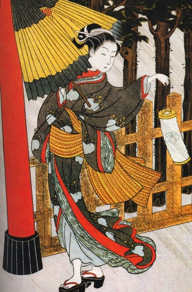 Girl on Her Way to the Shinto Shrine on a Stormy Night, 18th century.