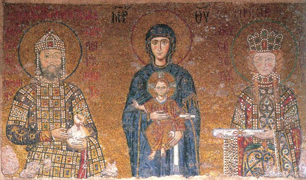 The Virgin with Child between emperor John II Comnenus and his wife, Irene, c1118.  Creator: Byzantine Master.