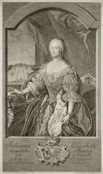 Portrait of Johanna-Elizabeth, Electress of Anhalt-Zerbst (1712-1760), Mother of Catherine II, 1756. Creator: Bernigeroth, Johann Martin (1713-1767).