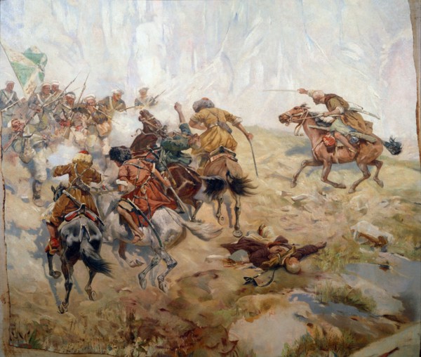 'Capturing of the Aul Akhtulga', late 19th or early 20th century. Artist: Franz Roubaud